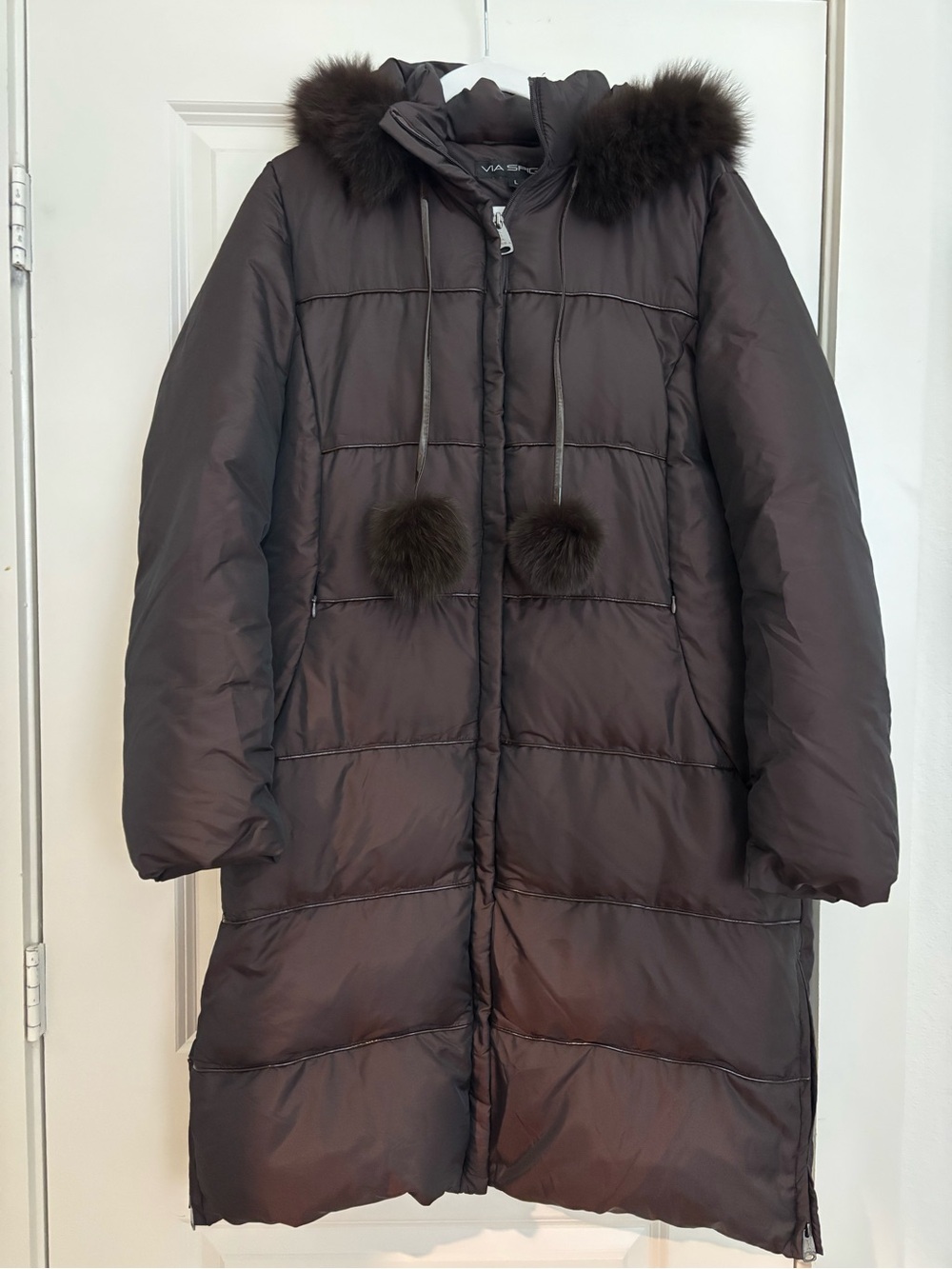 Vía Spiga Long Puffer Coat with Fur-Trim Hood - Brown